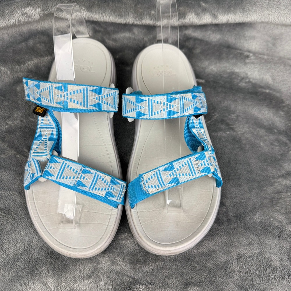 Teva Sandals Women's Sz Strappy Walking Sandal Aqua Blue White Pattern Comfort - Picture 3 of 12